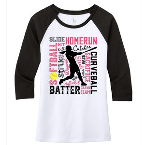 Softball Typography Word Art Funny Batter Pitcher Catcher Women's Tri-Blend 3/4-Sleeve Raglan Shirt