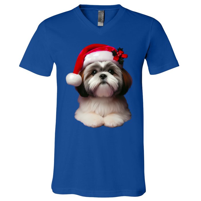 Shih Tzu With Santa Hat Christmas Xmas Dog Owner Mom Dad Cute Gift V-Neck T-Shirt