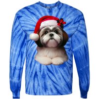 Shih Tzu With Santa Hat Christmas Xmas Dog Owner Mom Dad Cute Gift Tie-Dye Long Sleeve Shirt