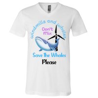Save The Whales From Windmills In The Sea And Ocean Design Gift V-Neck T-Shirt