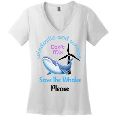 Save The Whales From Windmills In The Sea And Ocean Design Gift Women's V-Neck T-Shirt