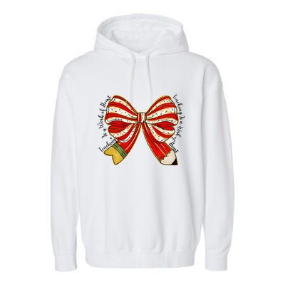 Santa Teacher Xmas Coquette Bow Teaching Is A Work Of Heart Garment-Dyed Fleece Hoodie