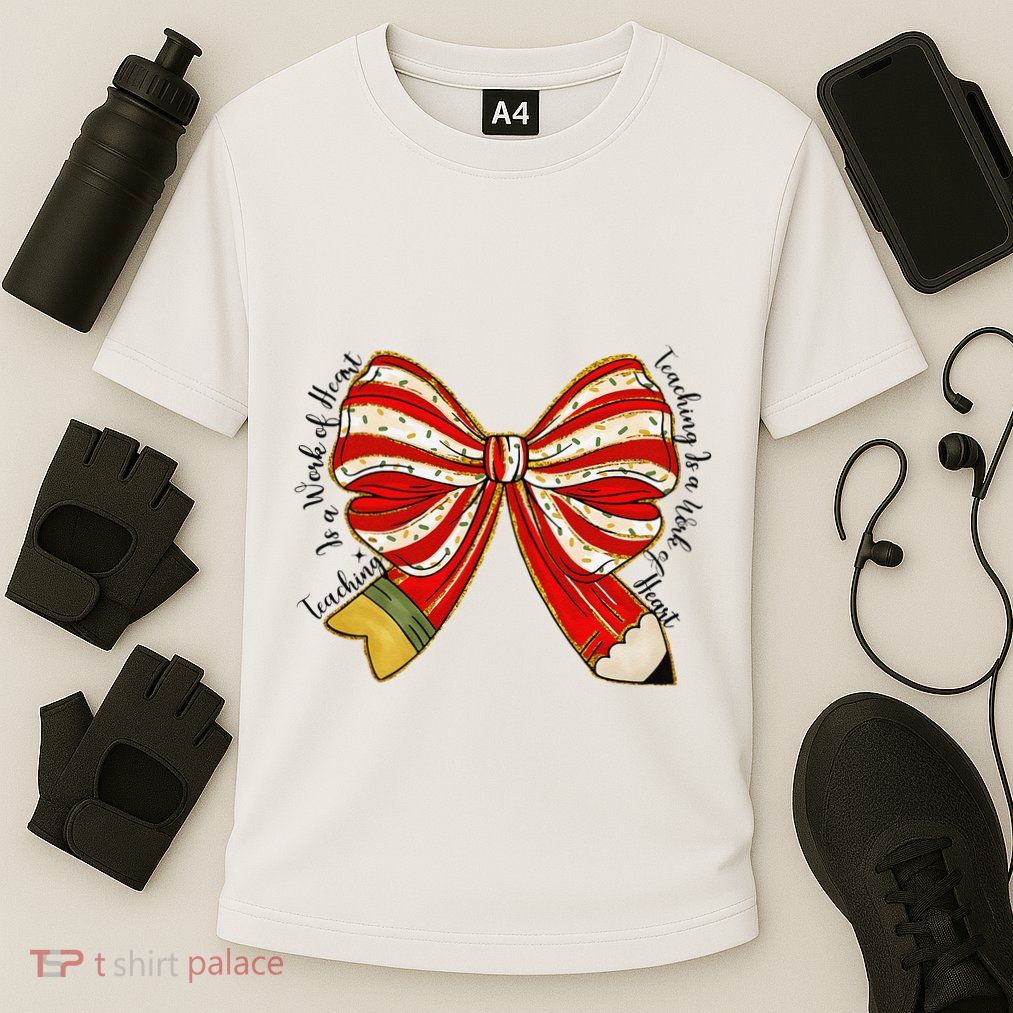Santa Teacher Xmas Coquette Bow Teaching Is A Work Of Heart Performance Shirt