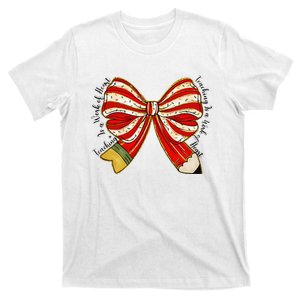 Santa Teacher Xmas Coquette Bow Teaching Is A Work Of Heart T-Shirt