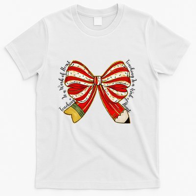 Santa Teacher Xmas Coquette Bow Teaching Is A Work Of Heart T-Shirt