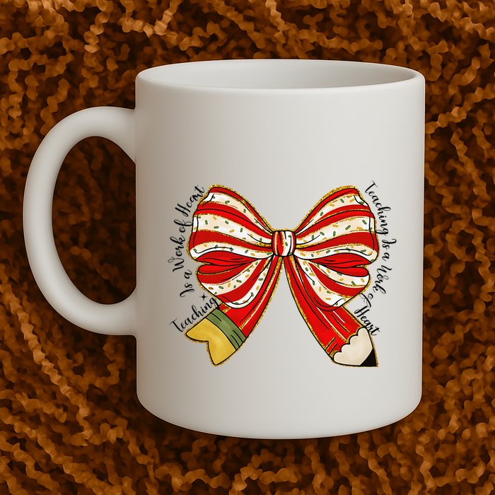 Santa Teacher Xmas Coquette Bow Teaching Is A Work Of Heart Mug