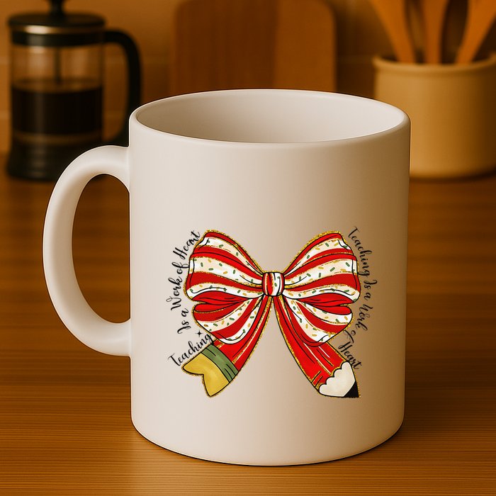 Santa Teacher Xmas Coquette Bow Teaching Is A Work Of Heart Mug