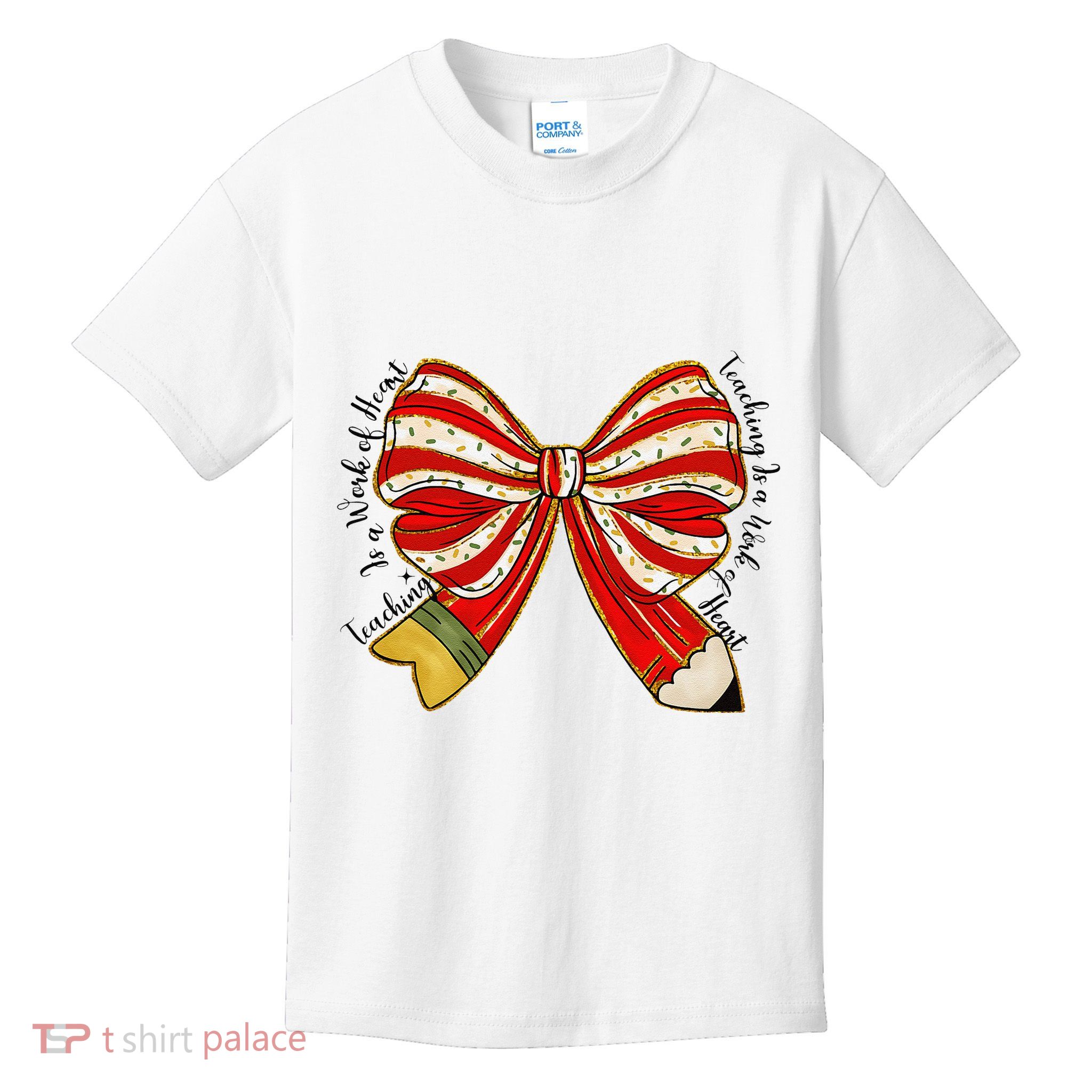 Santa Teacher Xmas Coquette Bow Teaching Is A Work Of Heart Kids T-Shirt