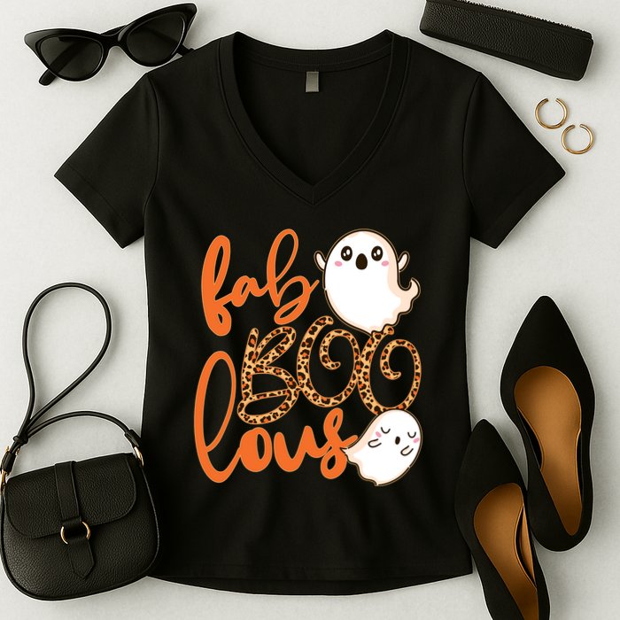 Stylish leopard Halloween Fab-BOO-lous Ghost Women's V-Neck T-Shirt