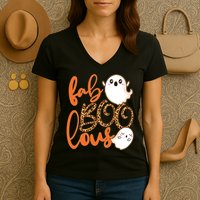 Stylish leopard Halloween Fab-BOO-lous Ghost Women's V-Neck T-Shirt