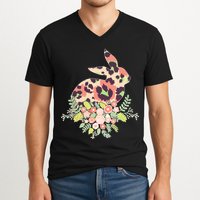 Stylish Leopard Pattern Easter Bunny V-Neck T-Shirt