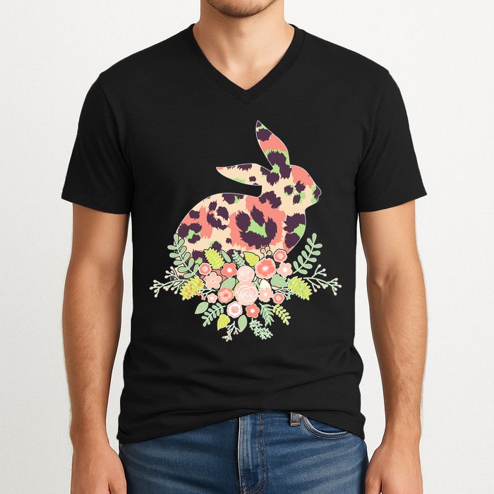 Stylish Leopard Pattern Easter Bunny V-Neck T-Shirt