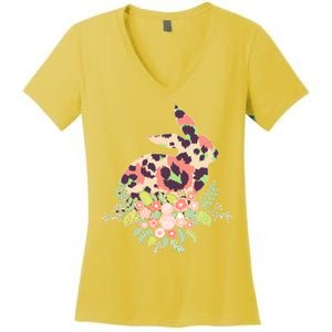 Stylish Leopard Pattern Easter Bunny Women's V-Neck T-Shirt