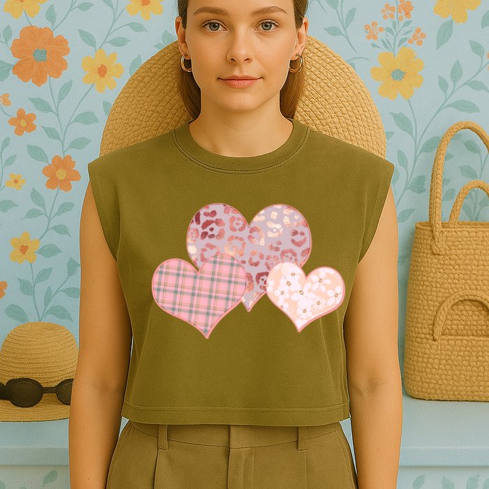 Stylish Pattern Hearts Garment-Dyed Women's Muscle Tee