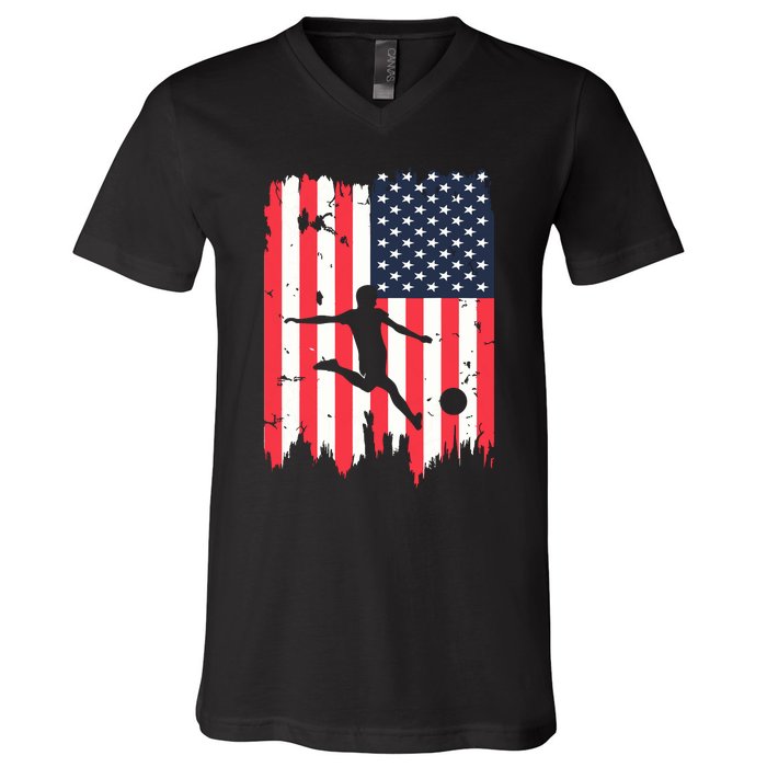 Soccer Usa American Flag 4th Of July Patriotic Sports V-Neck T-Shirt