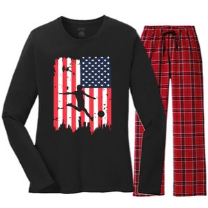 Soccer Usa American Flag 4th Of July Patriotic Sports Women's Long Sleeve Flannel Pajama Set 