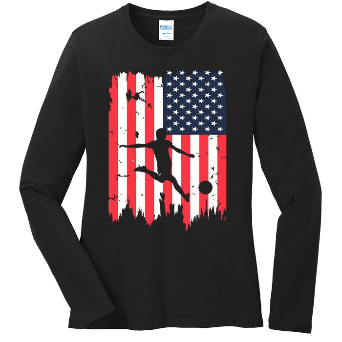 Soccer Usa American Flag 4th Of July Patriotic Sports Ladies Long Sleeve Shirt