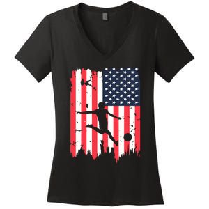 Soccer Usa American Flag 4th Of July Patriotic Sports Women's V-Neck T-Shirt