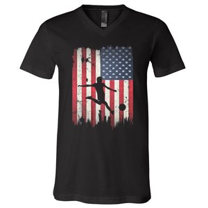 Soccer Usa American Flag 4th Of July Patriotic Sports V-Neck T-Shirt