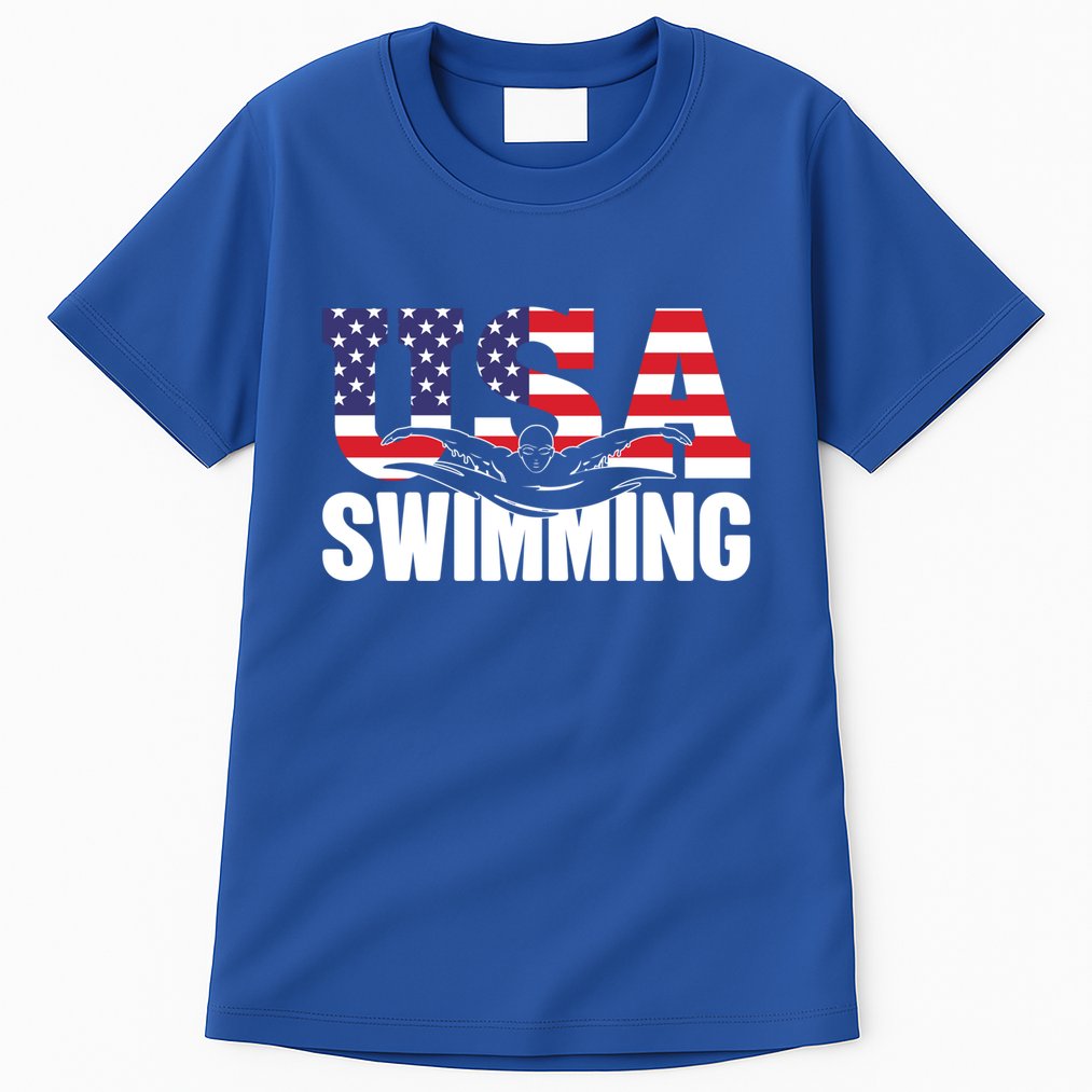 Swimming Us American Flag Water Swimmer And Swim Great Gift Tall T-Shirt