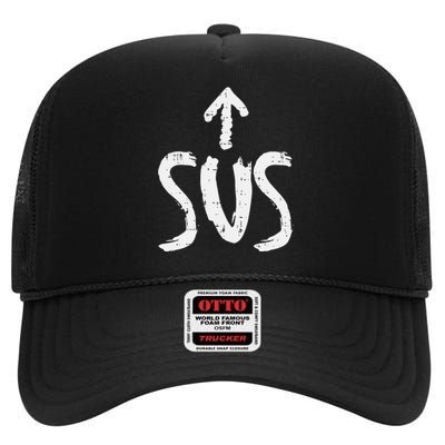 Sus Up Arrow Funny Saying Gaming Meme Suspicious High Crown Mesh Back Trucker Hat