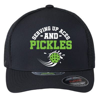 Serving Up Aces And Pickles Pickleball Player Dink Funny Gift Flexfit Unipanel Trucker Cap