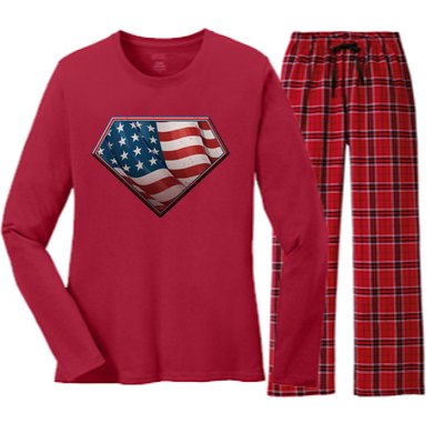 Super USA American Flag Women's Long Sleeve Flannel Pajama Set 