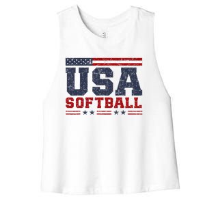 Softball Usa American Flag Patriotic Softball Fan Women's Racerback Cropped Tank