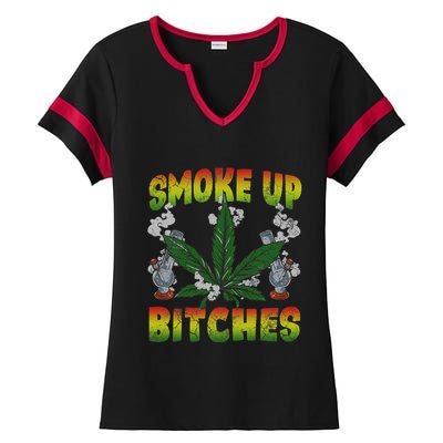 Smoke Up Bitches Marijuana Pot Leaf Weed 420 Stoner Day Ladies Halftime Notch Neck Tee