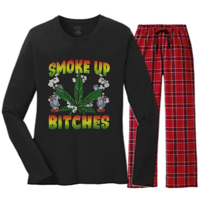 Smoke Up Bitches Marijuana Pot Leaf Weed 420 Stoner Day Women's Long Sleeve Flannel Pajama Set 