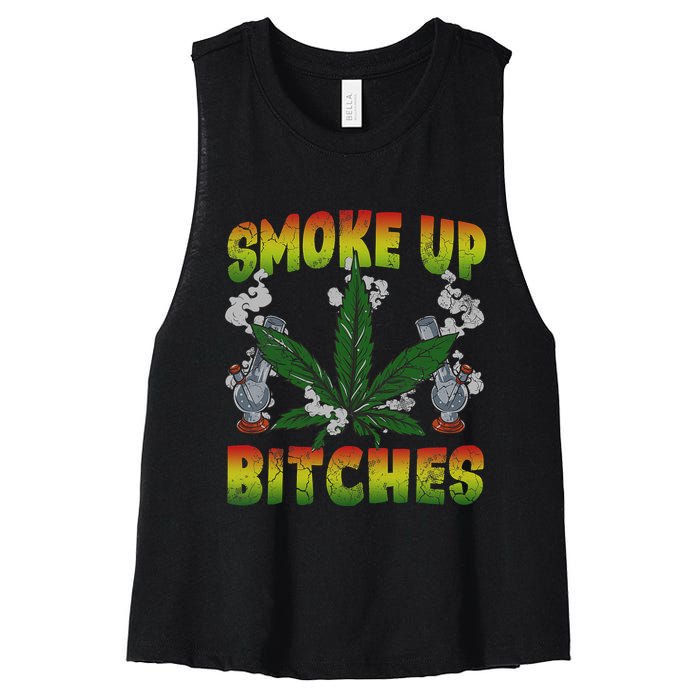 Smoke Up Bitches Marijuana Pot Leaf Weed 420 Stoner Day Women's Racerback Cropped Tank