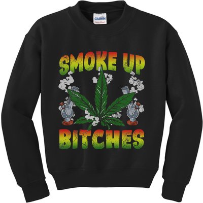 Smoke Up Bitches Marijuana Pot Leaf Weed 420 Stoner Day Kids Sweatshirt