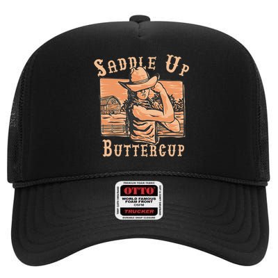 Saddle Up Buttercup Rodeo Girl Funny Cowgirl Cowboy High Crown Mesh Back Trucker Hat