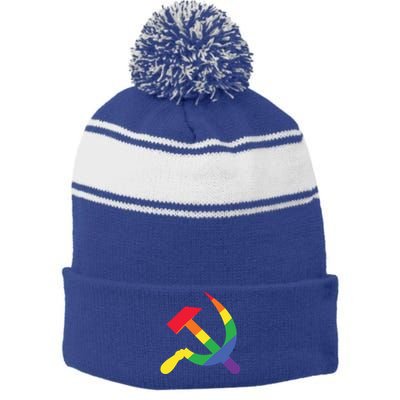 Soviet Union Communist Flag Hammer And Sickle Lgbtq Rainbow Gift Stripe Pom Pom Beanie