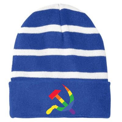 Soviet Union Communist Flag Hammer And Sickle Lgbtq Rainbow Gift Striped Beanie with Solid Band