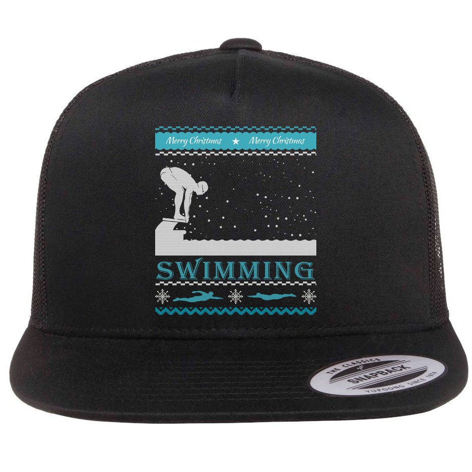 Swimming Ugly Christmas Sweater For Swimmer Cool Gift Flat Bill Trucker Hat