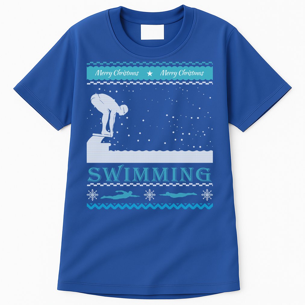 Swimming Ugly Christmas Sweater For Swimmer Cool Gift Tall T-Shirt