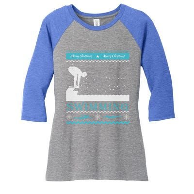 Swimming Ugly Christmas Sweater For Swimmer Cool Gift Women's Tri-Blend 3/4-Sleeve Raglan Shirt