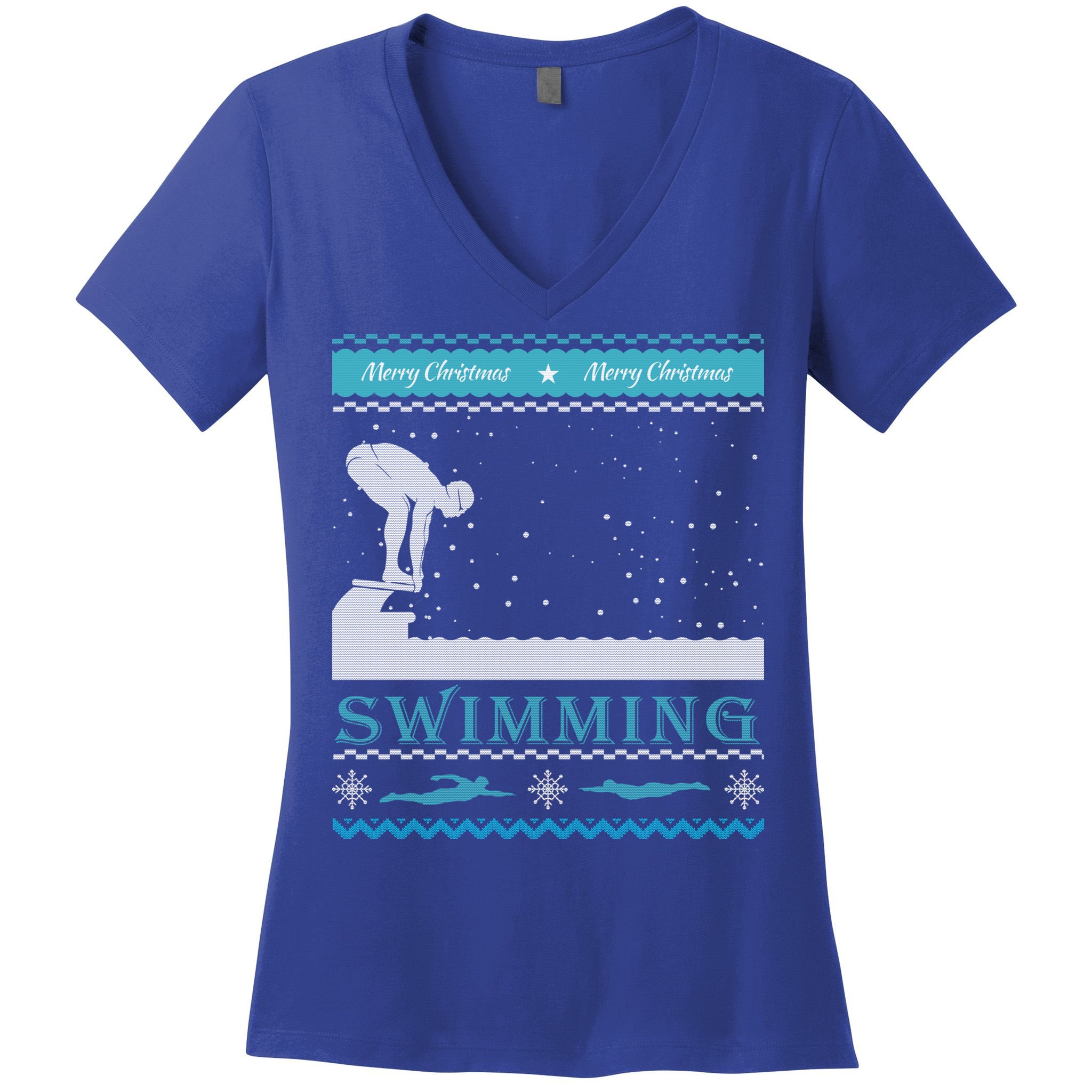 Swimming Ugly Christmas Sweater For Swimmer Cool Gift Women's V-Neck T-Shirt