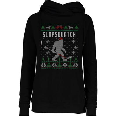 Slapsquatch Ugly Christmas Hockey Sasquatch Bigfoot Womens Funnel Neck Pullover Hood