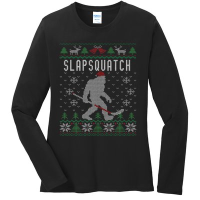 Slapsquatch Ugly Christmas Hockey Sasquatch Bigfoot Ladies Long Sleeve Shirt