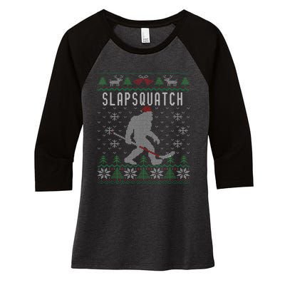 Slapsquatch Ugly Christmas Hockey Sasquatch Bigfoot Women's Tri-Blend 3/4-Sleeve Raglan Shirt