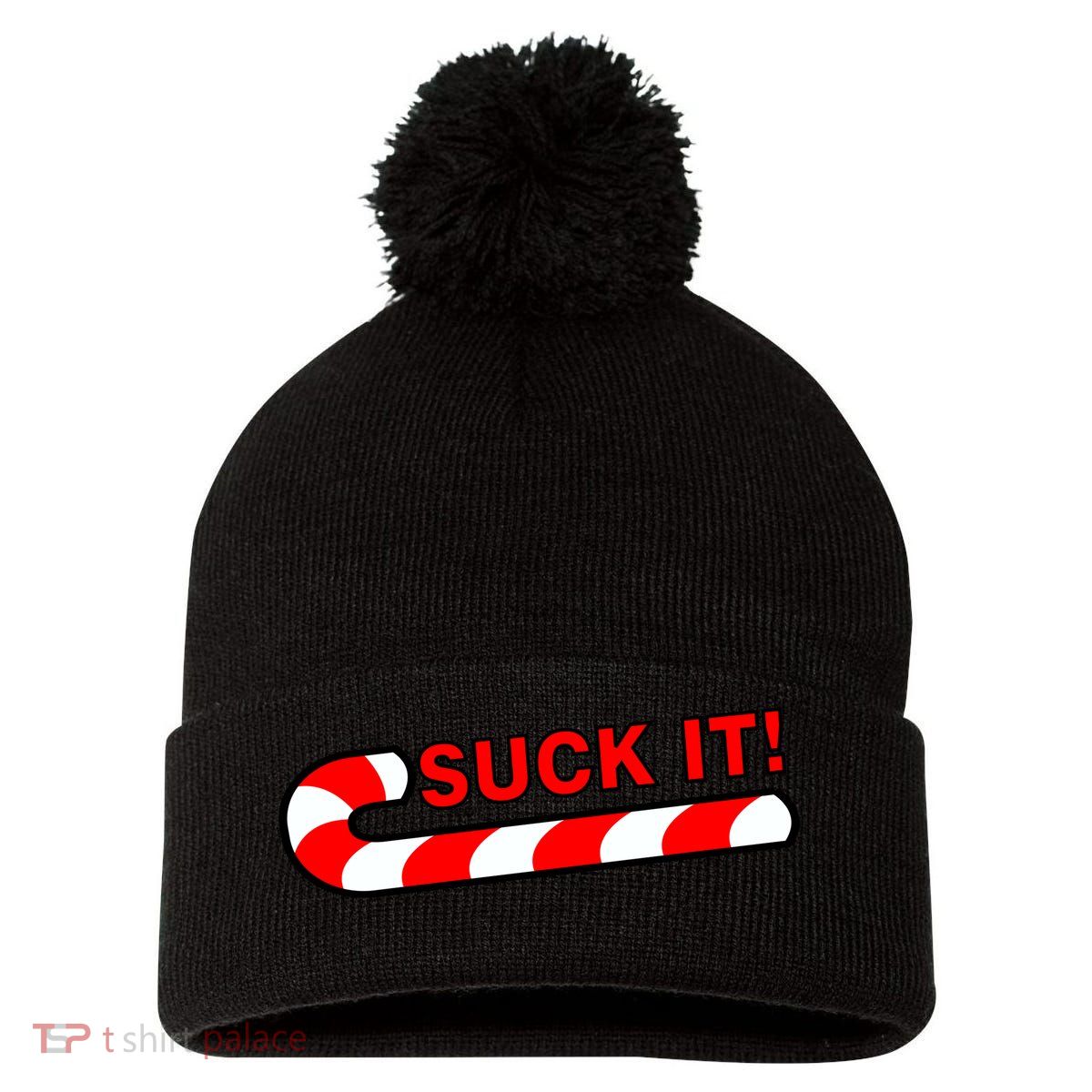 Suck It Candy Cane Pom Pom 12in Knit Beanie