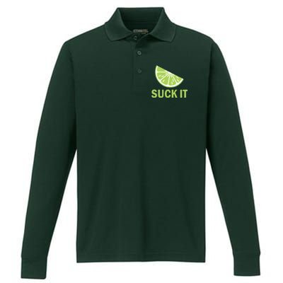 Suck It Funny Tequila Shot Performance Long Sleeve Polo