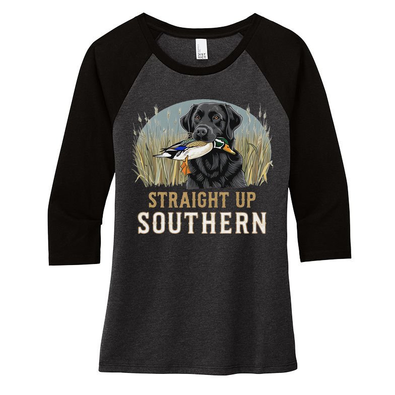 Straight Up Dog Hunting Duck Southern Hunting Women's Tri-Blend 3/4-Sleeve Raglan Shirt