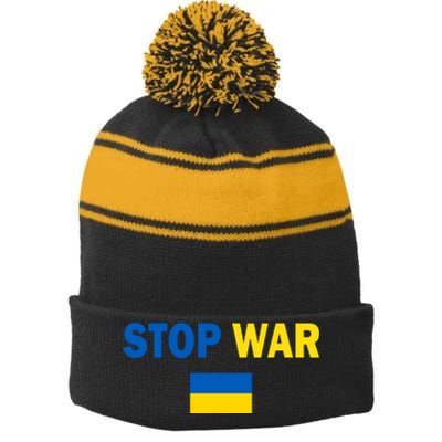 Support Ukraine Flag Stop War Stripe Pom Pom Beanie