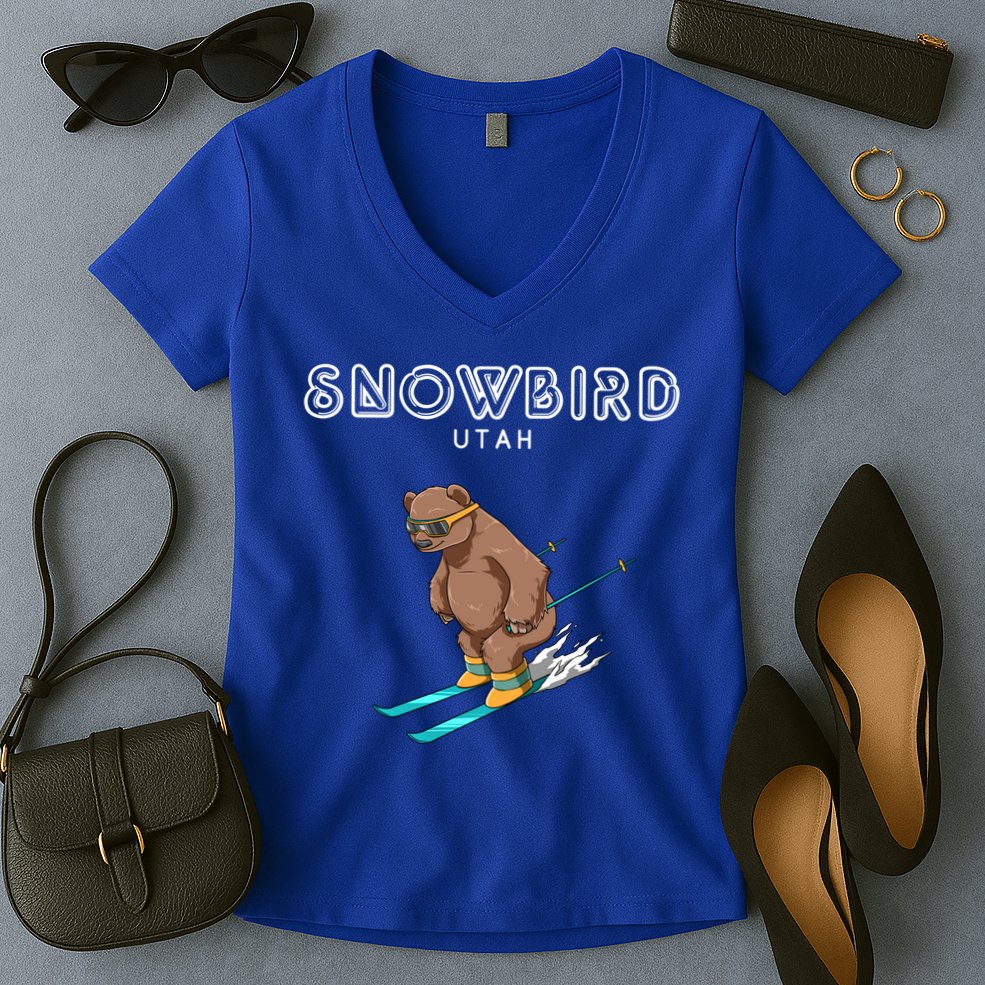 Snowbird Utah Funny Ski Grizzly Bear Gift Women's V-Neck T-Shirt
