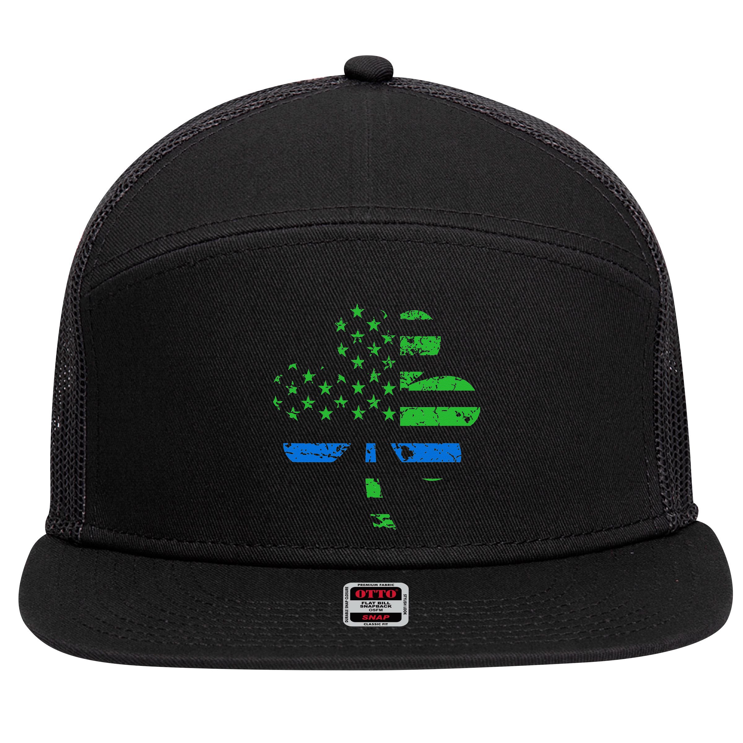 Shamrock USA Flag Thin Blue Line Police St Patricks Day 7 Panel Mesh Trucker Snapback Hat