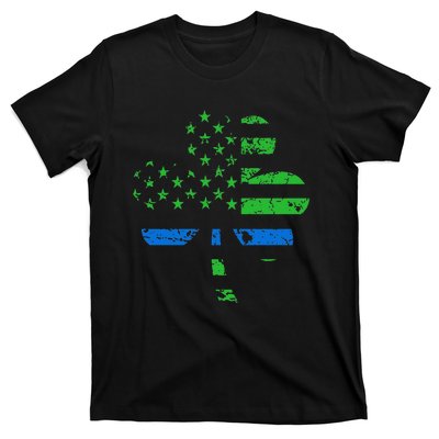 Shamrock USA Flag Thin Blue Line Police St Patricks Day T-Shirt