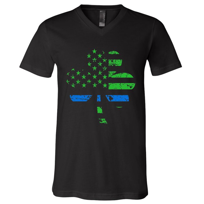 Shamrock USA Flag Thin Blue Line Police St Patricks Day V-Neck T-Shirt